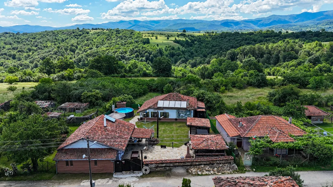The houses from the air, among the green hills of the Elena Balkan